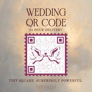 Op de afbeelding: Een bordeauxrode QR-code voor bruiloften met de tekst "WEDDING QR CODE" en "24 HOUR DELIVERY". De code bevat een illustratie van twee duiven en de tekst "TINY SQUARE. SURPRINGLY POWERFUL."
