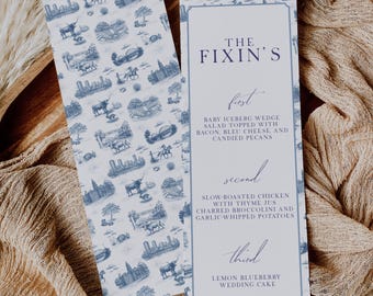 Plantilla de menú de boda estilo Toile de Fort Worth (descarga digital)