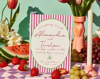 Italian Summer Wedding Invitation Suite | Citrus Garden, Striped Preppy (Editable Template, Digital & Mail-In RSVP)