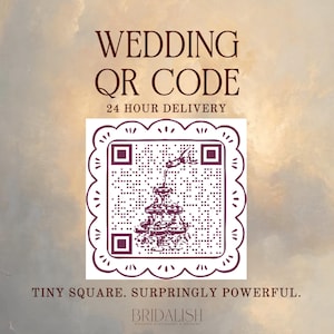 Può includere: Un design di codice QR per matrimoni bordeaux e bianco con il testo "WEDDING QR CODE" e "24 HOUR DELIVERY". Il codice QR presenta un'illustrazione di una fontana di champagne. È incluso anche il testo "TINY SQUARE. SURPRINGLY POWERFUL."