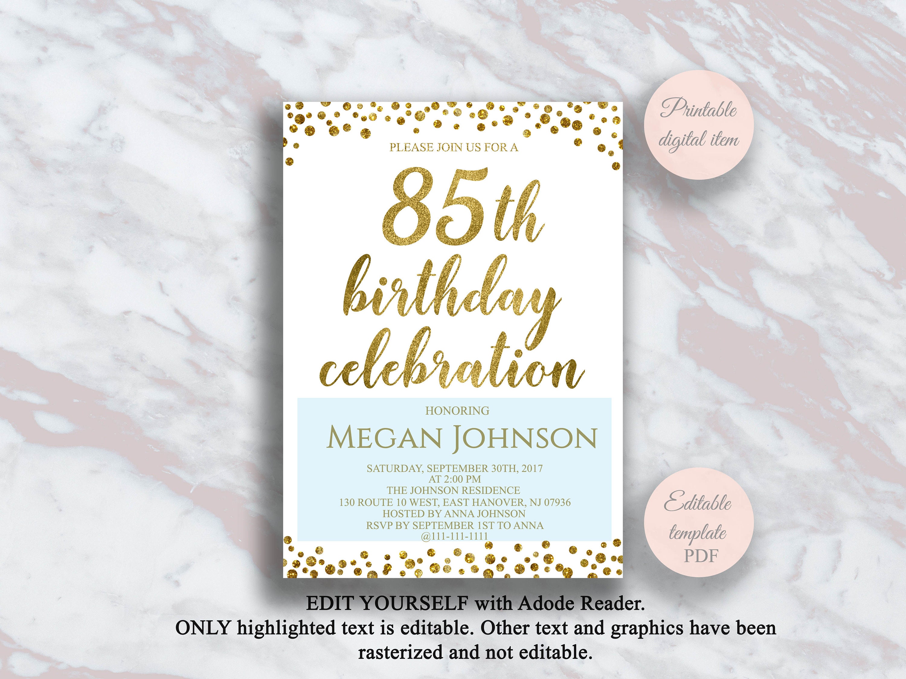 Editable 85th Birthday Invitation Gold confetti 85 Years Etsy Editable 85th Birthday Invitation Gold confetti 85 Years Etsy