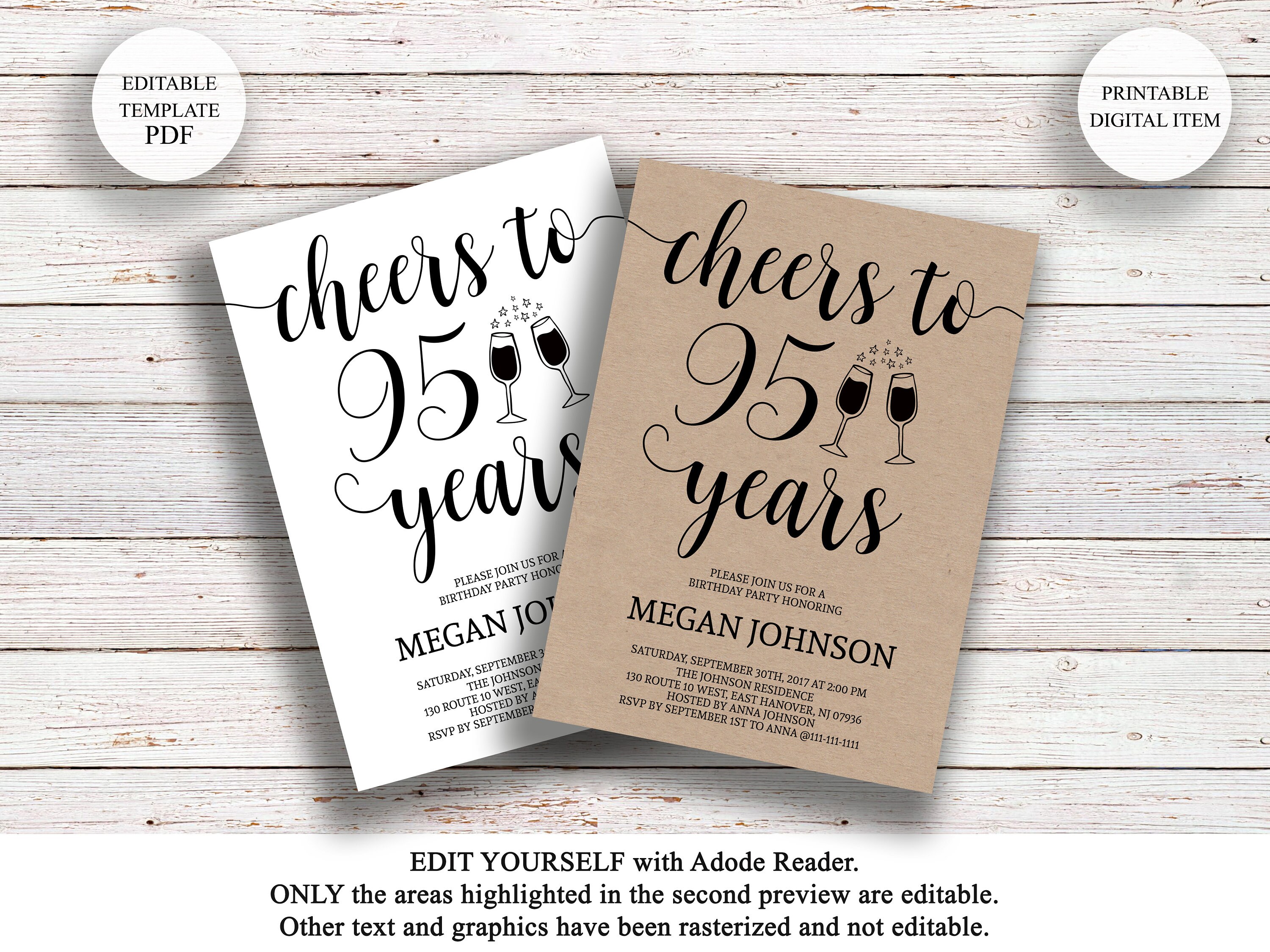 Editable 95th Birthday Invitation Cheers to 95 Years Rustic | Etsy