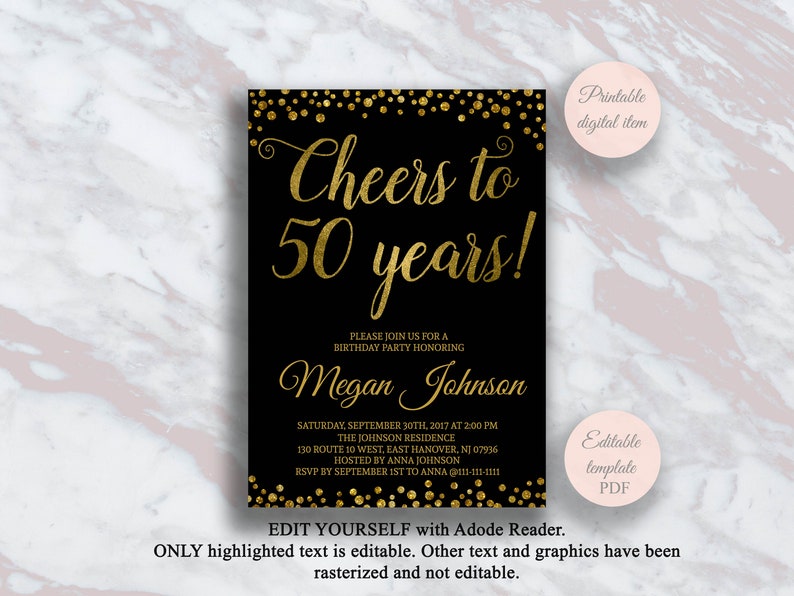 Editable 50th Birthday Invitation Cheers to 50 Years Black | Etsy