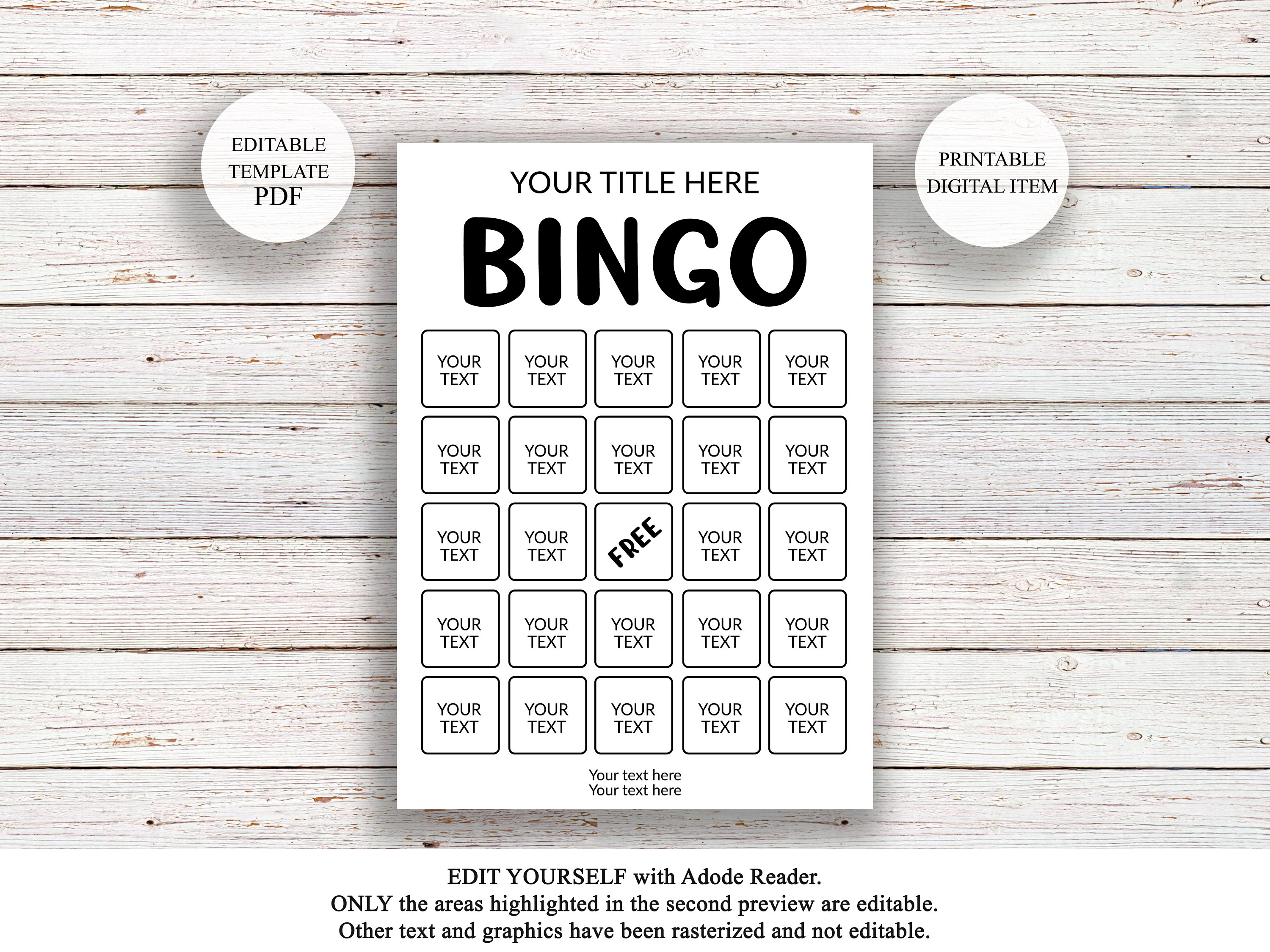 Editable Bingo Cards Template Custom Bingo Game Printable Etsy