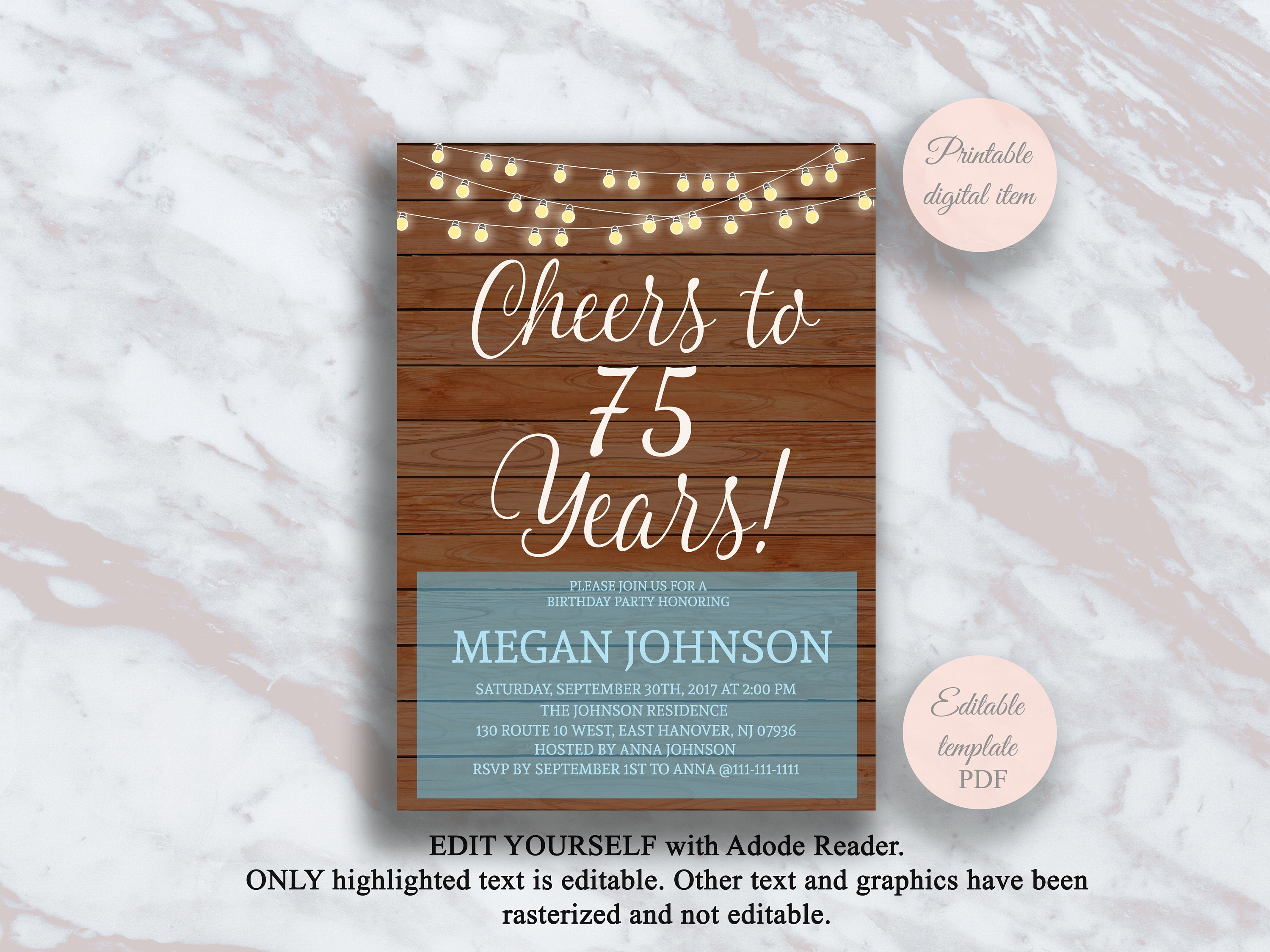 Editable 75th Birthday Invitation Cheers to 75 Years Rustic | Etsy