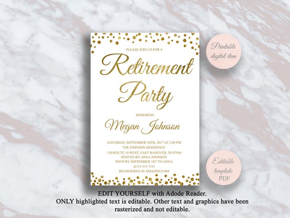 Editable Retirement Party Invitation Template Gold Retirement Etsy