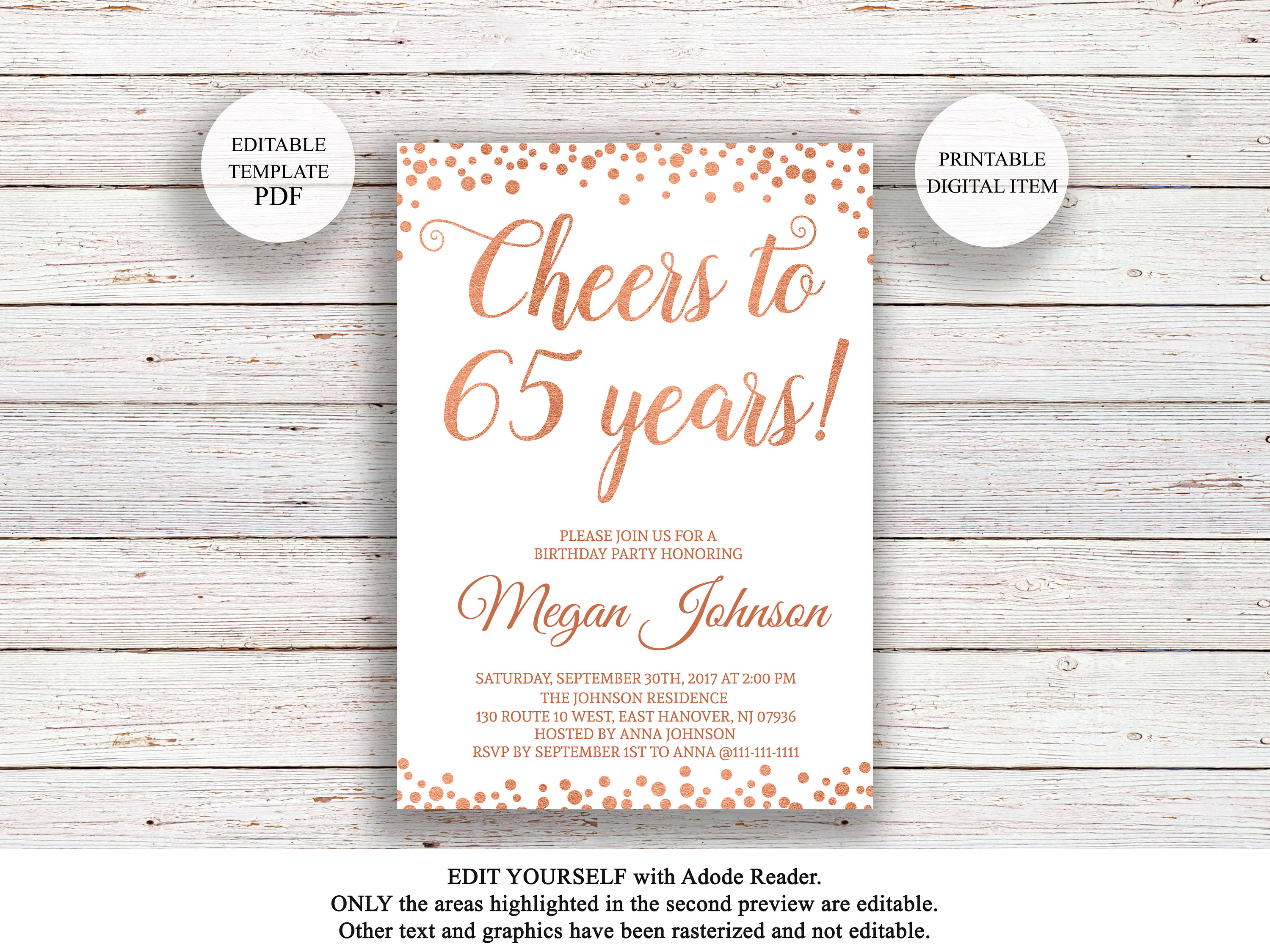 Editable 65th Birthday Invitation Cheers To 65 Years Rose Etsy