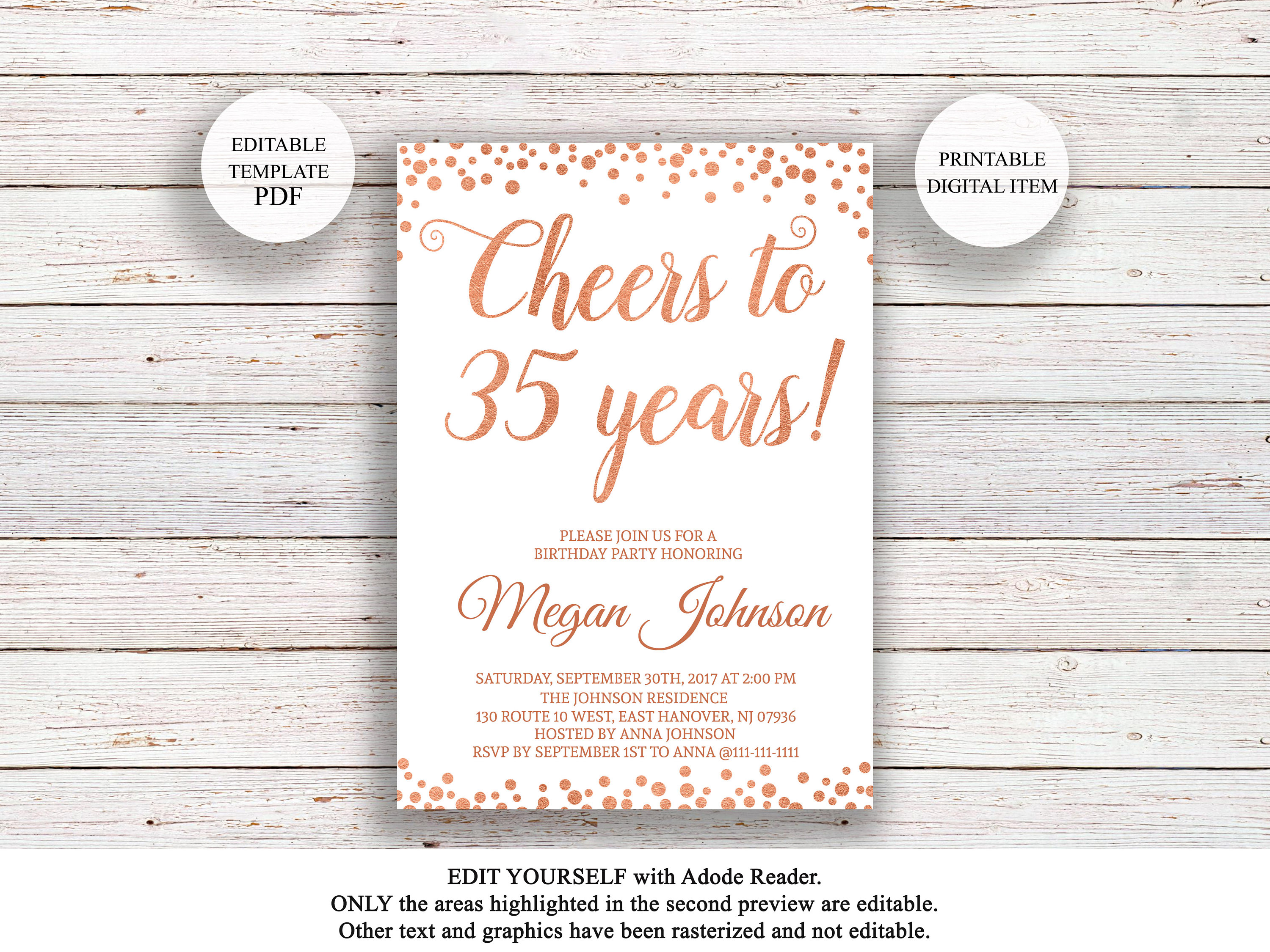Editable 35th Birthday Invitation Cheers to 35 Years Rose | Etsy