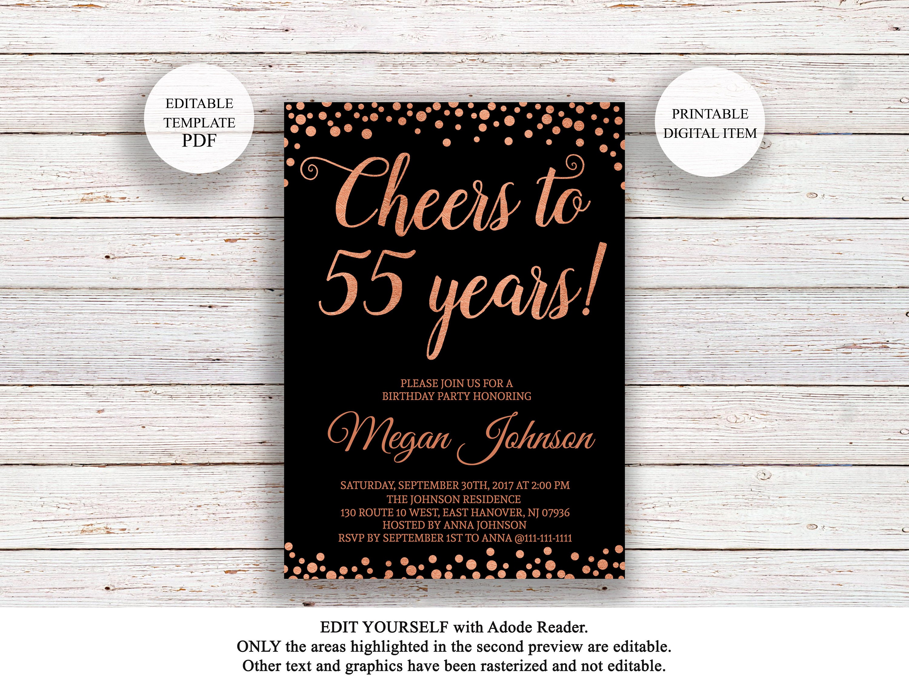 Editable 55th Birthday Invitation Cheers to 55 Years Black | Etsy