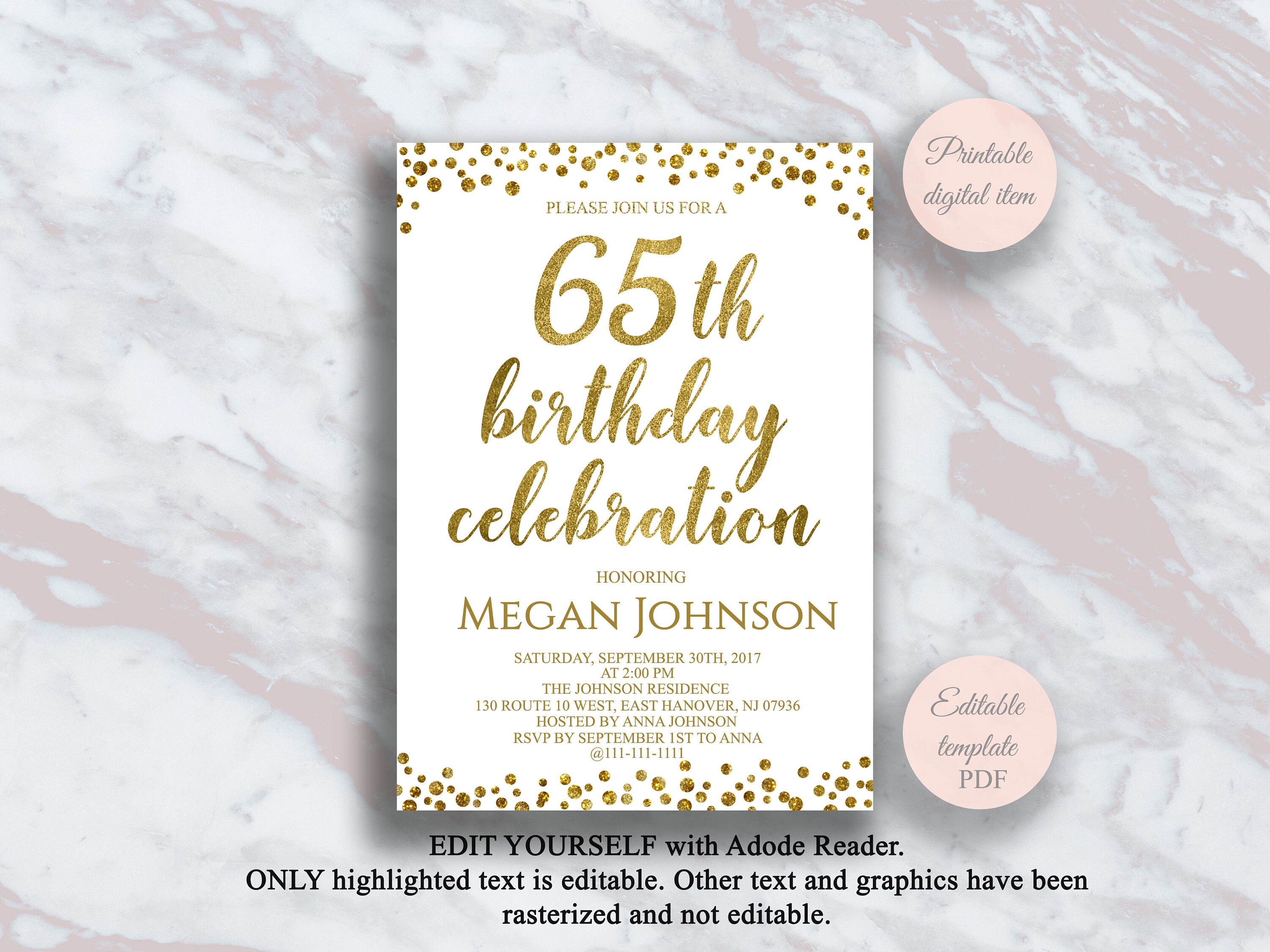 Editable 65th Birthday Invitation Gold Confetti 65 Years Etsy