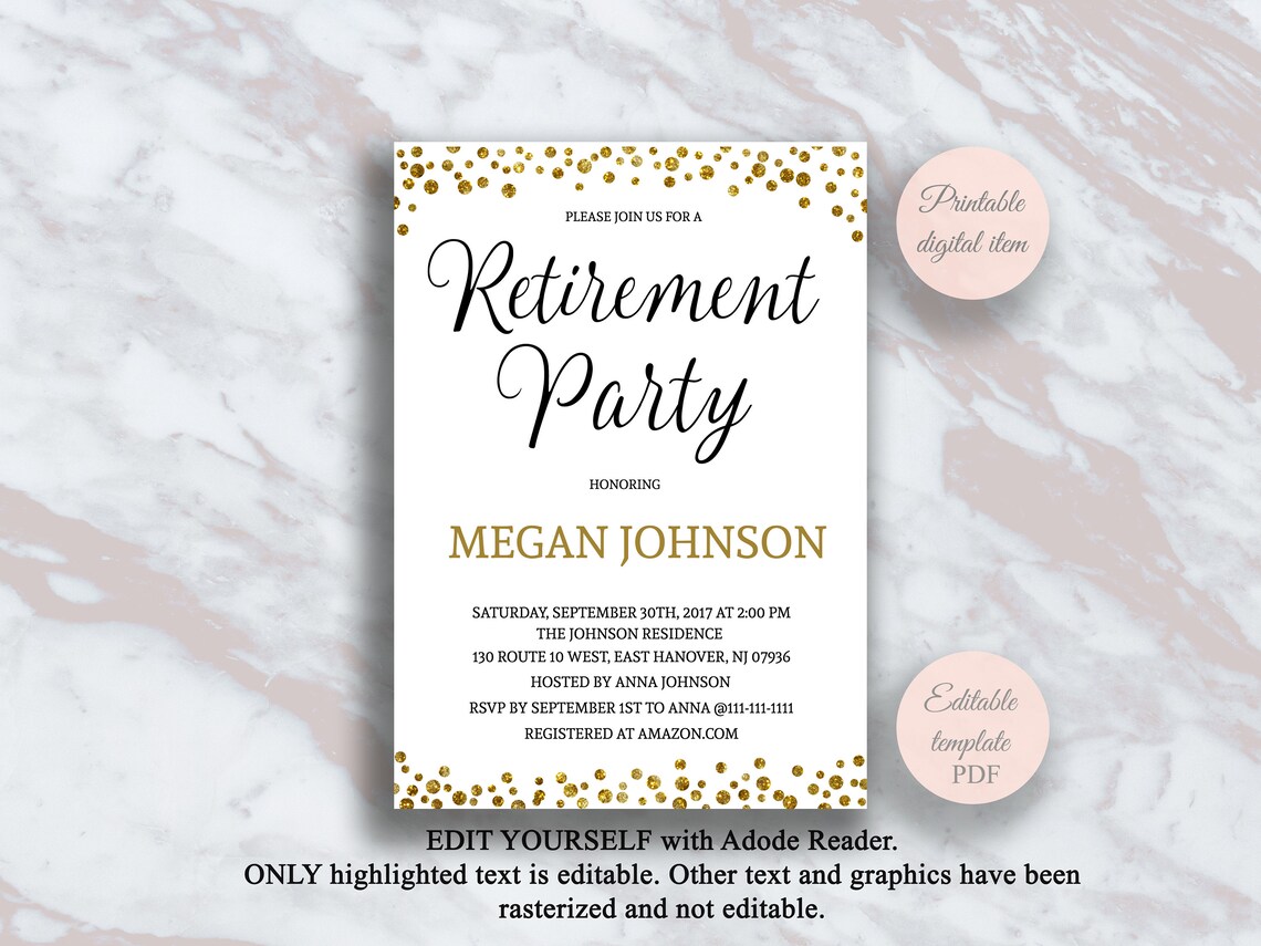 Retirement Party Invitation Editable PDF Template Gold Etsy