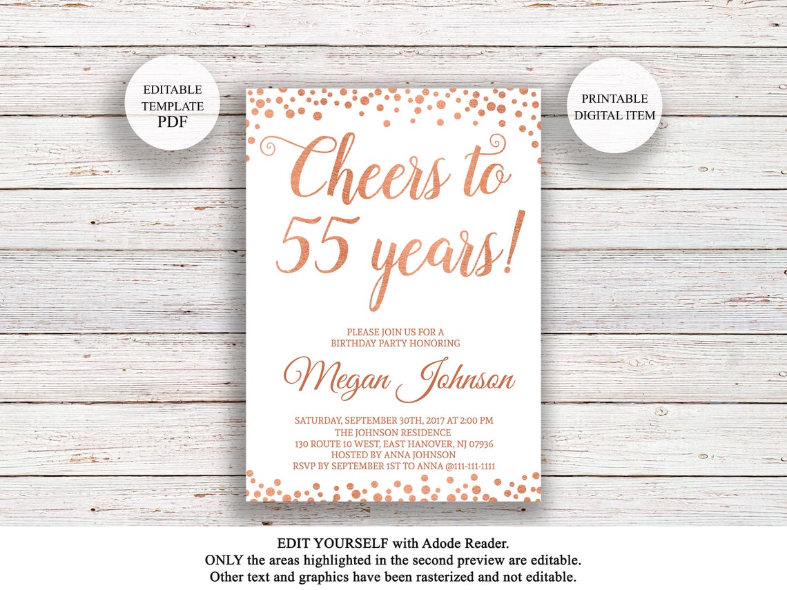 Editable 55th Birthday Invitation Cheers to 55 Years Rose | Etsy