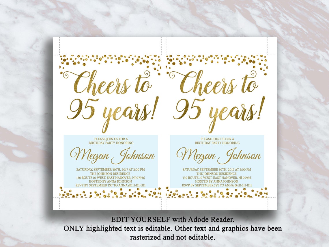 Editable 95th Birthday Invitation Cheers to 95 Years Gold | Etsy