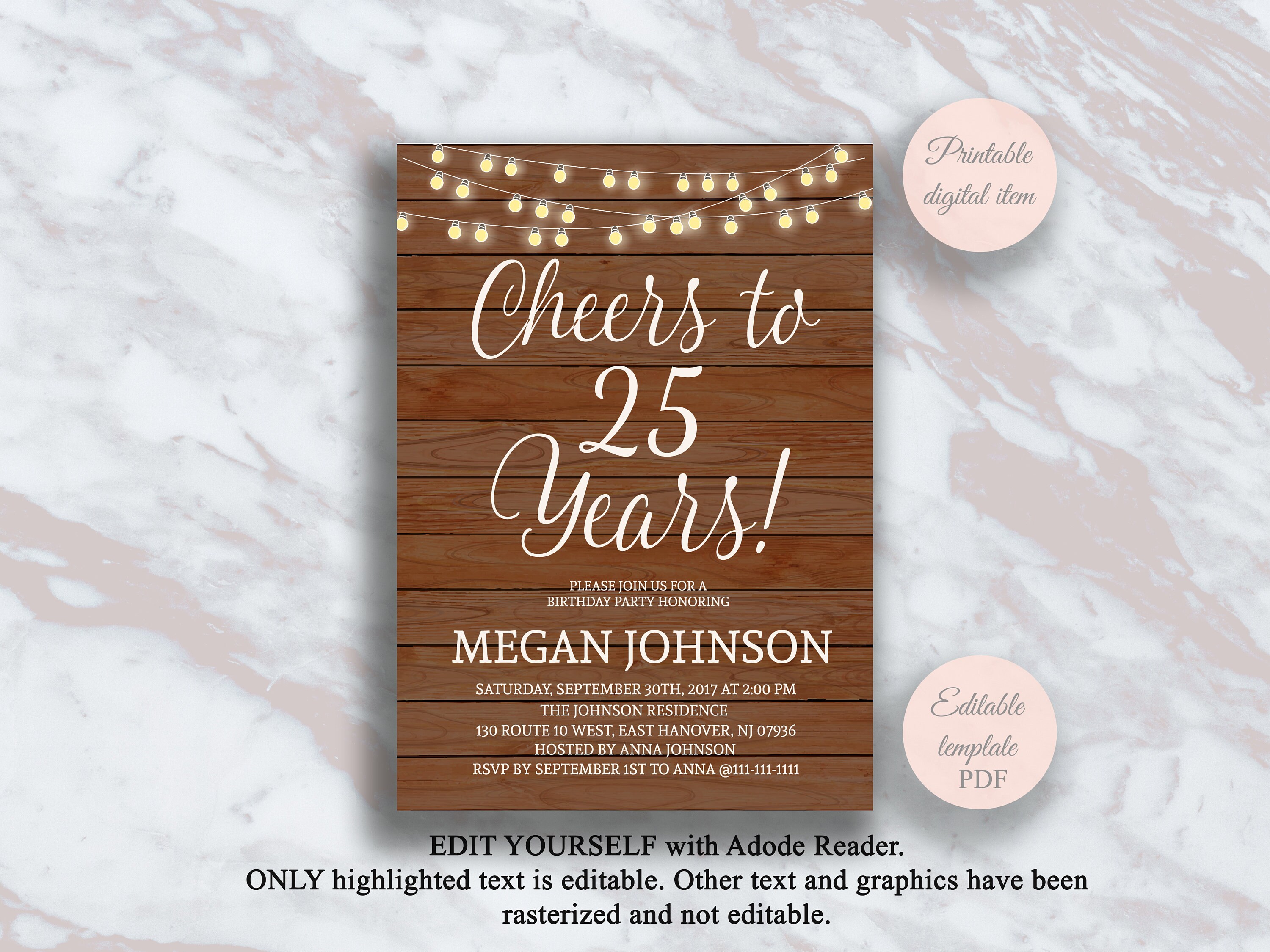 Editable 25th Birthday Invitation Cheers To 25 Years Rustic Etsy