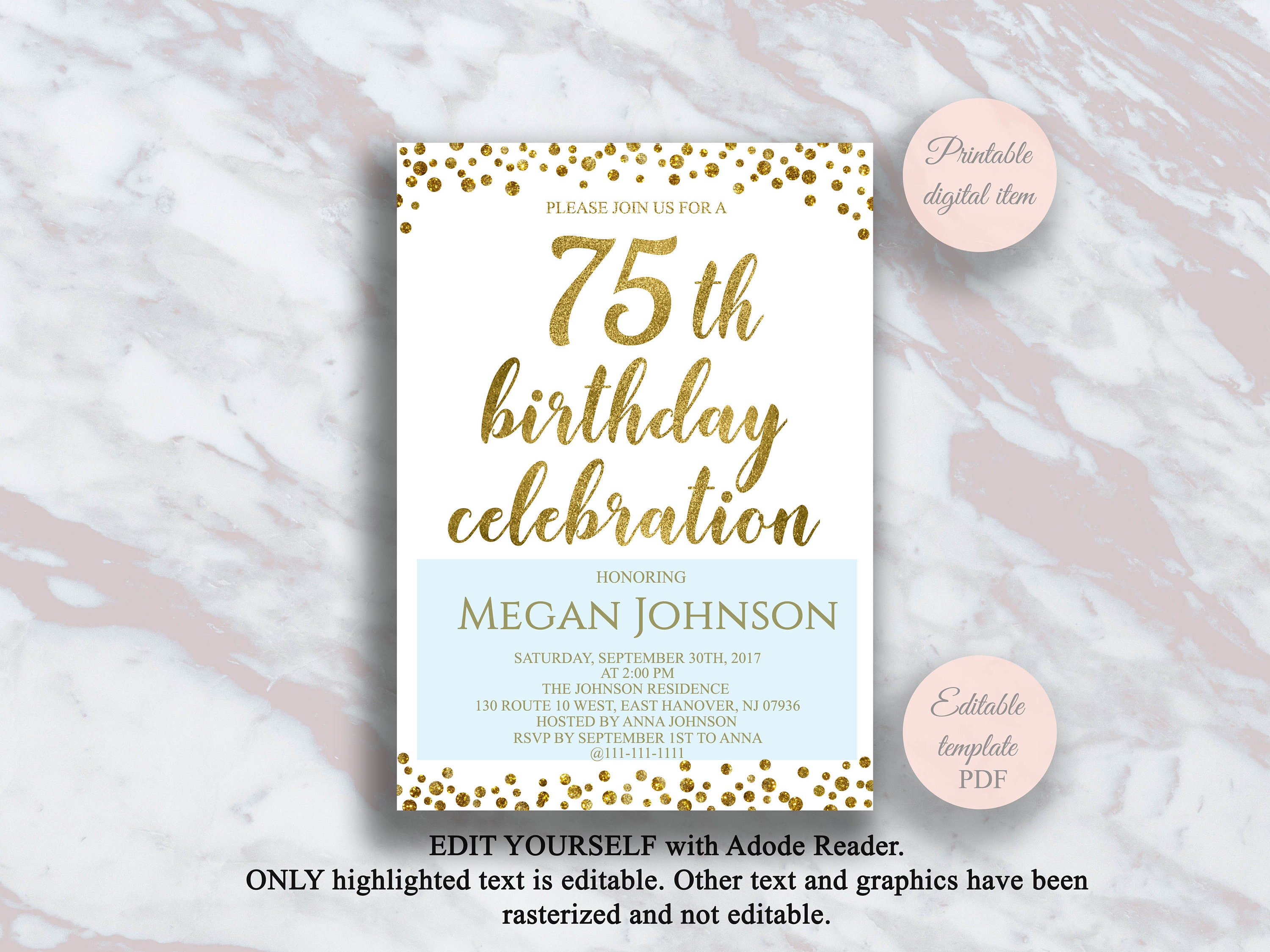 Editable 75th Birthday Invitation Gold confetti 75 Years | Etsy