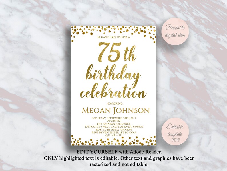 Editable 75th Birthday Invitation Gold Confetti 75 Years Etsy