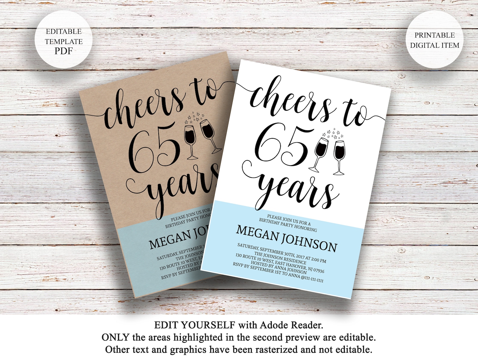 Editable 65th Birthday Invitation Cheers to 65 Years Rustic | Etsy