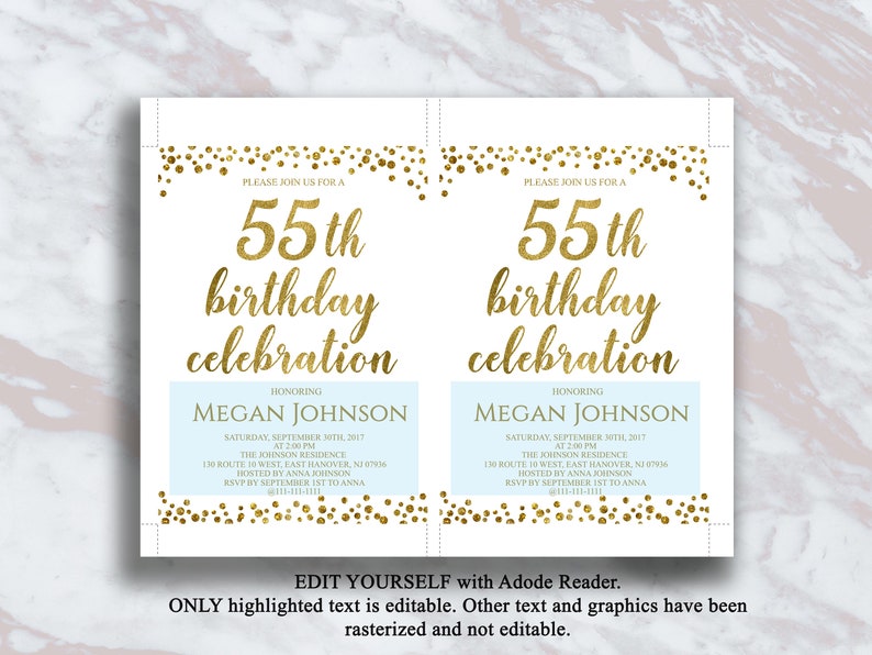 Editable 55th Birthday Invitation Gold confetti 55 Years | Etsy