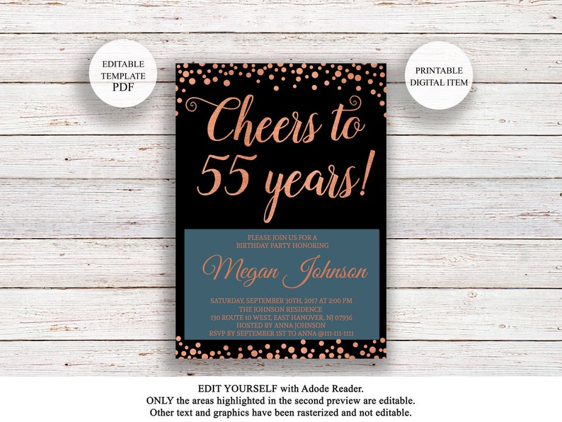 Editable 55th Birthday Invitation Cheers to 55 Years Black | Etsy