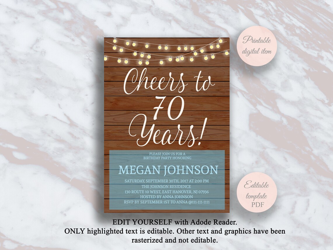 Editable 70th Birthday Invitation Cheers to 70 Years Rustic | Etsy