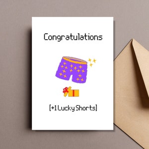 Carte imprimable Félicitations shorts porte-bonheur, carte de voeux drôle mignonne, sim de jeu vidéo pixel, cadeau de joueur confortable cadeau d'anniversaire, carte RPG, banderole
