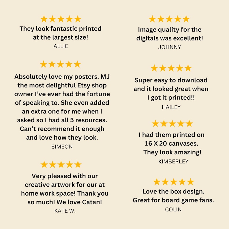May include: A collage of customer reviews for digital printable artwork. The reviews highlight the quality of the artwork, the ease of downloading and printing, and the overall satisfaction of the customers.