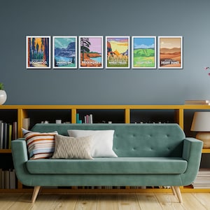 May include: Six framed illustrations of different landscapes with text below each image. The illustrations are in a retro style with bright colors. The text below each image reads "Settler's Wood Logging Co.", "Settler's Creek Mining Inc.", "Settler's Prairie Brickworks", "Settler's Valley Wheat Fields", "Settler's Ridge Sheep Farm", and "Settler's Pass Desert Dunes".