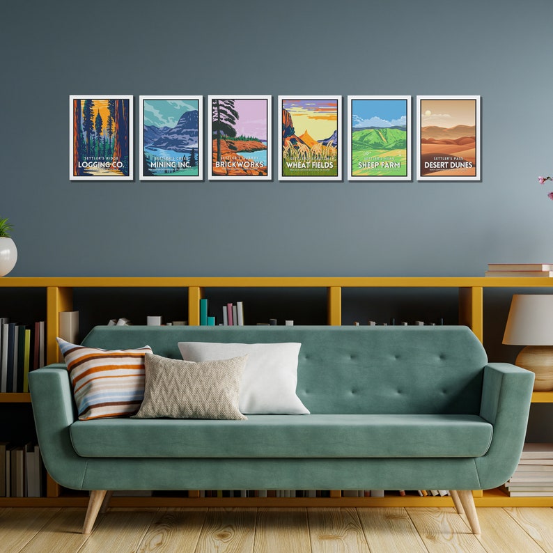 May include: Six framed illustrations of different landscapes with text below each image. The illustrations are in a retro style with bright colors. The text below each image reads "Settler's Wood Logging Co.", "Settler's Creek Mining Inc.", "Settler's Prairie Brickworks", "Settler's Valley Wheat Fields", "Settler's Ridge Sheep Farm", and "Settler's Pass Desert Dunes".