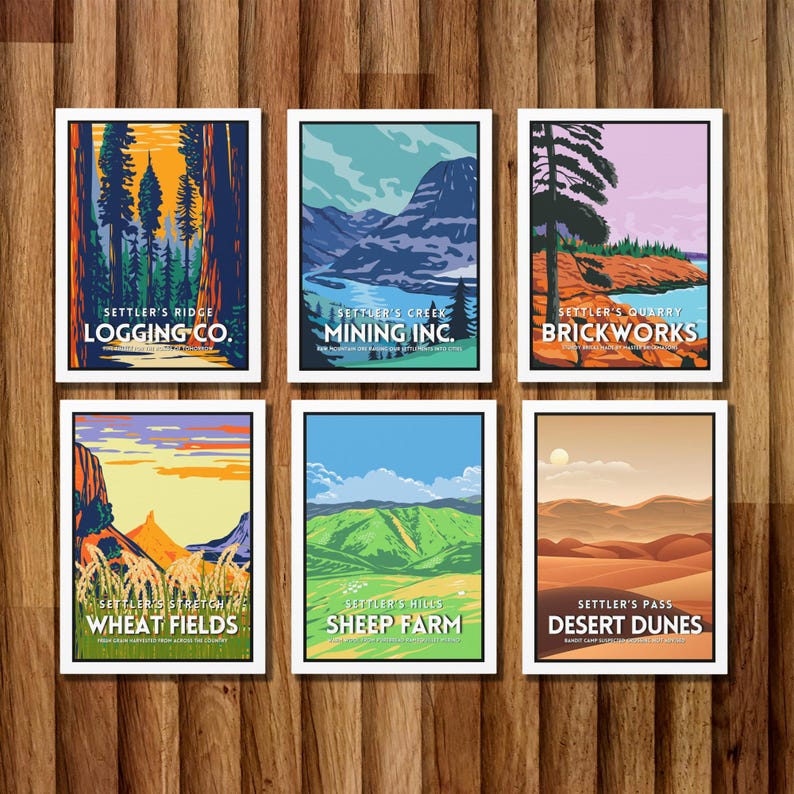 May include: Six vintage-style travel posters with colorful illustrations and text. The posters depict different landscapes and businesses, including a logging company, a mining company, a brickworks, wheat fields, a sheep farm, and desert dunes.