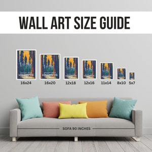 May include: A wall art size guide with a sofa in the foreground. The guide shows different sizes of wall art prints, ranging from 5x7 inches to 16x24 inches. The sofa is 90 inches wide and has a light gray fabric with three pillows in different colors.