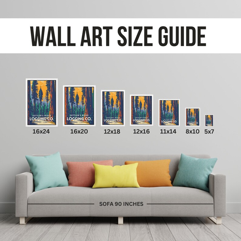 May include: A wall art size guide with a sofa in the foreground. The guide shows different sizes of wall art prints, ranging from 5x7 inches to 16x24 inches. The sofa is 90 inches wide and has a light gray fabric with three pillows in different colors.