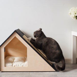 Modern cat house with changeable scratcher/cat bed/cat pillow/wooden cat house/cat kenne/cat furniture/cat cave/cat scratching image 1