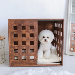 Wood stained dog crate with sliding door with a stopper Dordrecht. Dog kennel, dog house,dog bed, indoor dog house, dog furniture, dog cage.