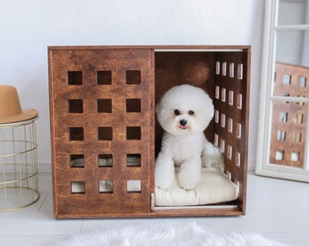 Wood stained dog crate with sliding door with a stopper Dordrecht. Dog kennel, dog house,dog bed, indoor dog house, dog furniture, dog cage.