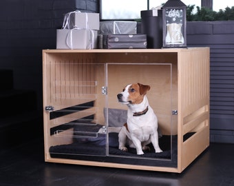 Wooden dog crate with acrylic front panel and door with a latch Dordrecht. Dog kennel, dog house, dog bed, indoor dog house, dog furniture.