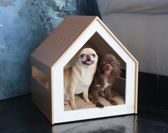 Modern and bright dog and cat house PetSo White Gold. Dog bed, cat bed, dog and cat furniture, pet arrival present, indoor dog house.
