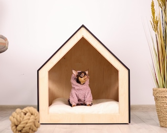 Modern crate/house for small and medium dogs, soft cotton cushion is included, free customization with pet name.