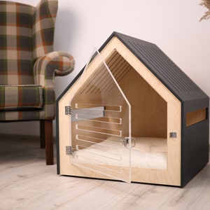Dog crate with acrylic door and cotton cushion PetSo. Dog crate furniture/indoor dog house/dog kennel/stylish dog crate/modern dog furniture