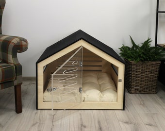 Modern and comfort dog crate with acrylic front panel and door Venlo. Dog house/dog bed/dog furniture/indoor dog crate/dog crate furniture.