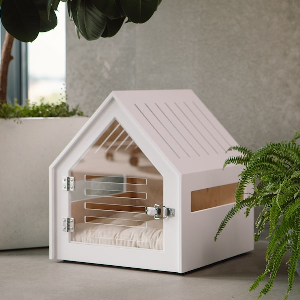 Modern dog and cat house with acrylic door PetSo with all over painting. Dog bed, dog furniture, indoor dog house, dog crate, dog house.