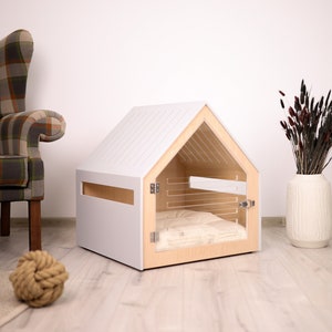 Eco friendly dog house with acrylic door and cotton cushion PetSo. Plywood dog crate/dog crate furniture/indoor crate/modern dog furniture.
