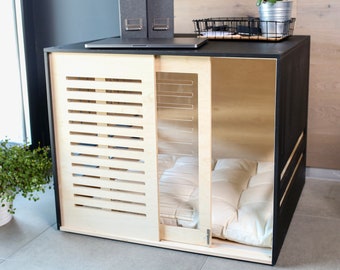 Modern dog crate with acrylic sliding door with a stopper Dordrecht. Dog kennel, dog house, dog bed, indoor dog house, dog cage.