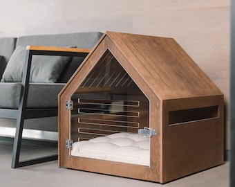 Modern dog and cat house with acrylic door PetSo stained wood. Dog crate, dog kennel, dog crate furniture, dog bed, indoor dog house.