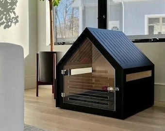 Modern honden- en kattenhuis met acryldeur PetSo met all-over beschildering. Hondenmand, hondenmeubel, hondenhok voor binnen, hondenbench, hondenhok.