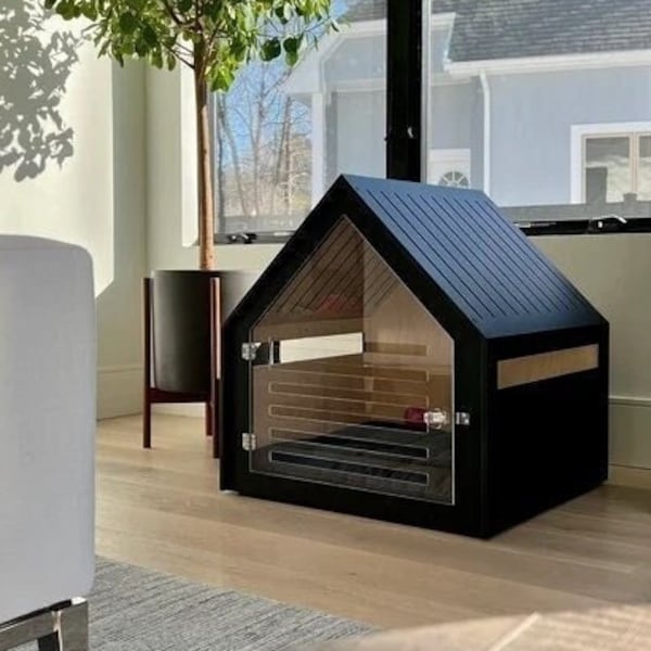 Niche pour chien et chat moderne avec porte en acrylique PetSo entièrement peinte. Lit pour chien, meubles pour chien, niche pour chien d'intérieur, cage pour chien, niche pour chien.