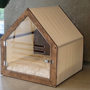 Modern dog and cat house with acrylic door and fabric roof PetSo. Dog bed, cat bed, indoor dog house, dog kennel, dog crate, dog furniture.
