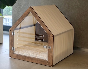 Modern dog and cat house with acrylic door and fabric roof PetSo. Dog bed, cat bed, indoor dog house, dog kennel, dog crate, dog furniture.