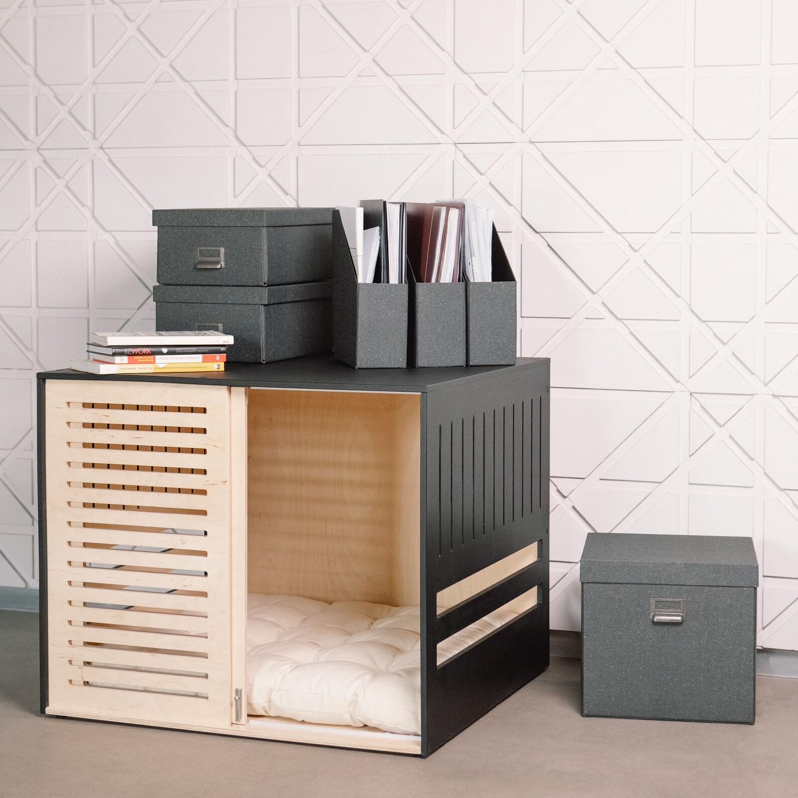 Image showcasing Modern Dog Crate With Wooden Sliding Door With a Latch - Etsy