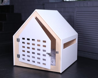 Modern dog and cat house with white acrylic door PetSo. Dog crate, dog kennel, dog furniture, dog bed, cat bed, indoor dog house.