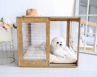 Fully transparent modern dog crate with sliding door with a stopper Dordrecht. Dog kennel, dog house, dog bed, indoor dog house, dog cage.